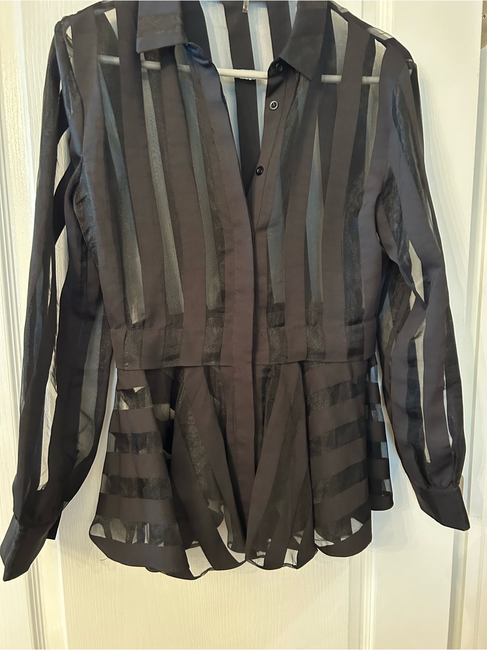 Gracia Black Sheer Striped Button-Down Peplum Top